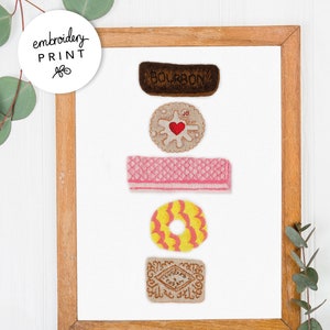 Biscuits,Embroidery Print,Textile Art Print,Home Decor,KitchenDecore,Bourbon,Jammy Dodger,Custard Cream,Pink Wafer,Party Rings,Lockdown Life