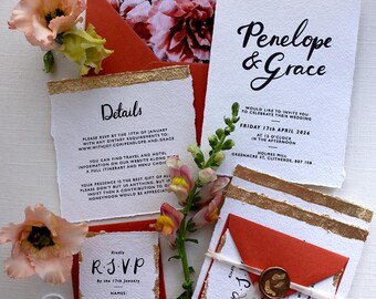 Gold Leaf Wedding Invitation: Modern Calligraphy on Recycled Cotton