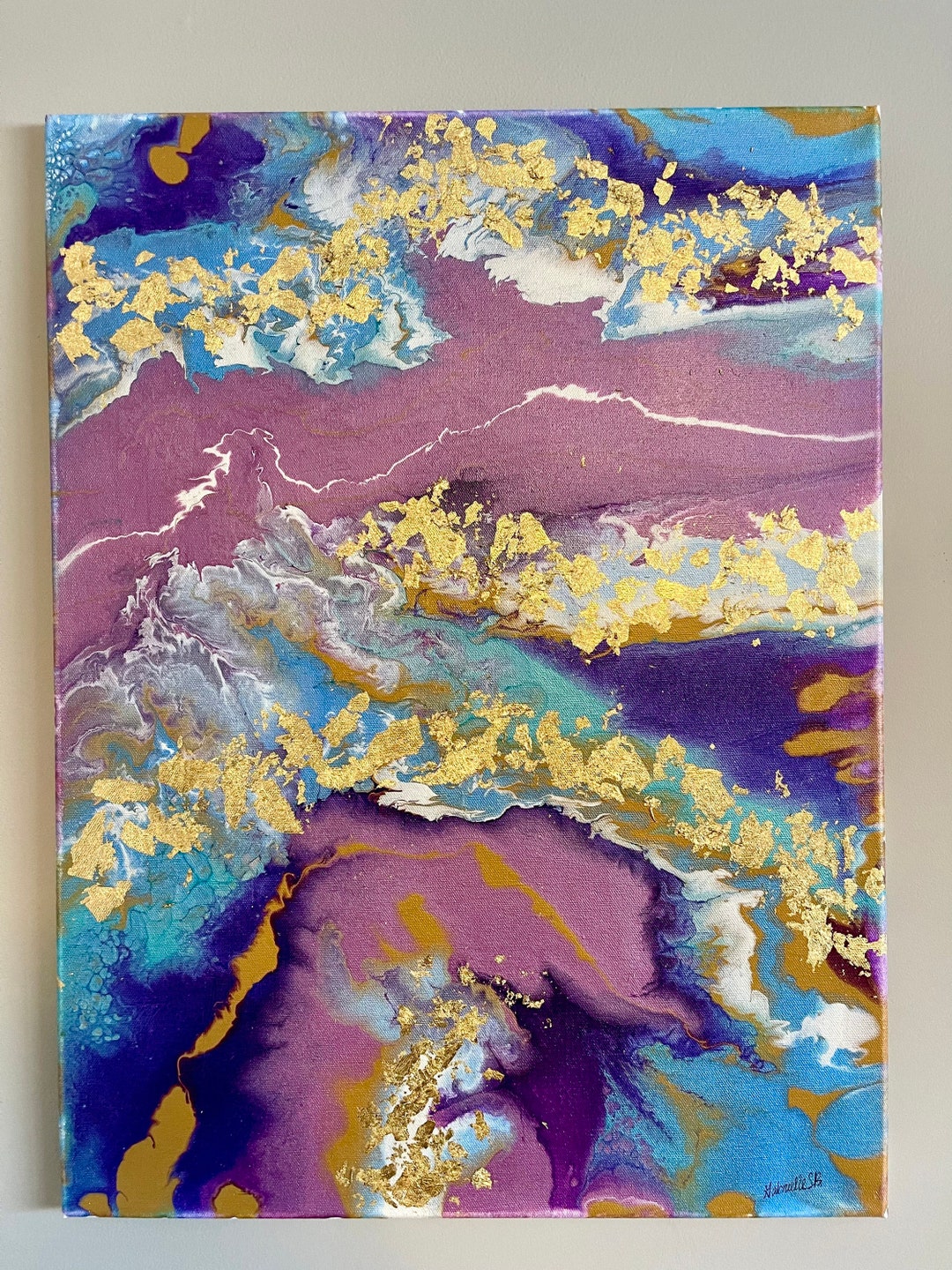 Shades of Purple, Blue, Gold, and White Acrylic Pour Art Canvas 18x24 Etsy