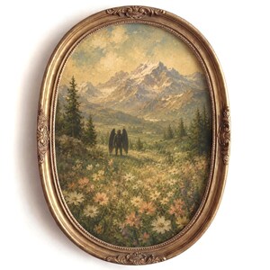 Può includere: Una cornice dorata ovale e ornata contenente un dipinto di paesaggio. L'opera raffigura un campo di fiori selvatici in primo piano, alberi sempreverdi e una catena montuosa in lontananza sotto un cielo nuvoloso. Una figura alata scura si trova nel prato.