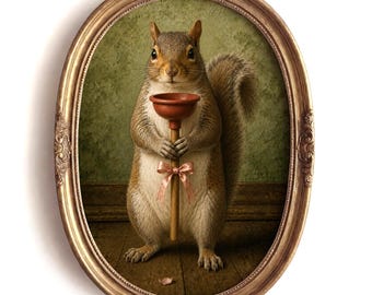 May include: An oval-framed wall art piece featuring a brown squirrel standing upright and holding a plunger with a wooden handle. The plunger is decorated with a small, light pink ribbon tied around the handle. The squirrel has greyish-brown fur.
