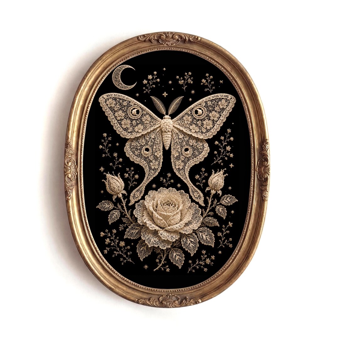 Lace Luna Moth Wall Art Printable, Gothic Lace Moon Art, Victorian Moth ...