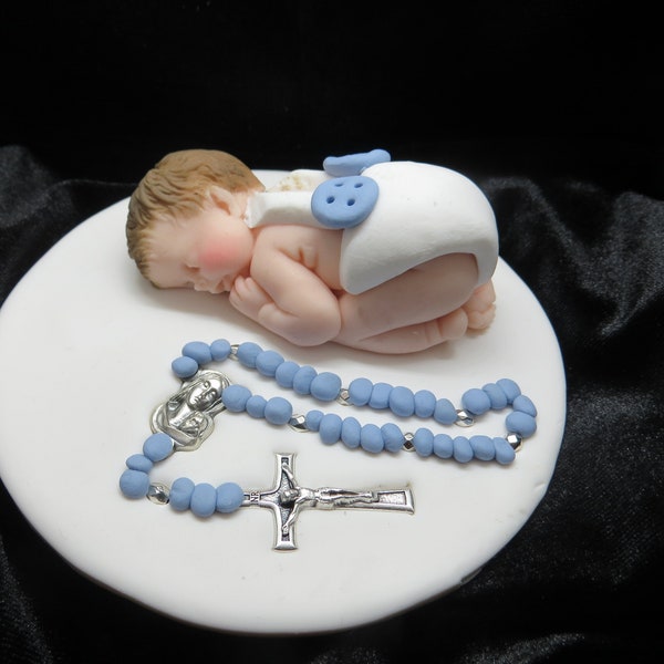 Baby boy figurine with a rosary / christening baptism cake topper