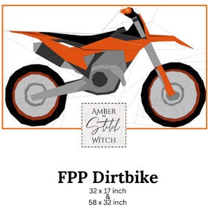 Op de afbeelding: Een oranje en grijze FPP Dirtbike-ontwerp. De afbeelding toont een geometrische illustratie van een crossmotor met zwarte banden en oranje accenten. De tekst "FPP Dirtbike" staat eronder, met afmetingen van 81 x 43 cm en 147 x 81 cm.