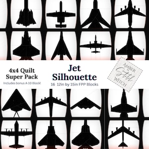 May include: A quilt pattern pack with black jet silhouettes. The text reads "4x4 Quilt Super Pack" and "Jet Silhouette". Includes 16 blocks, each 30.5cm by 38.1cm. The design includes a bonus A-10 block.