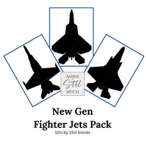 May include: Three black silhouettes of fighter jets arranged in a fan pattern on white paper with blue borders. A central square label reads Amber the Stitch Witch. Text below reads New Gen Fighter Jets Pack and 12in by 15in blocks.