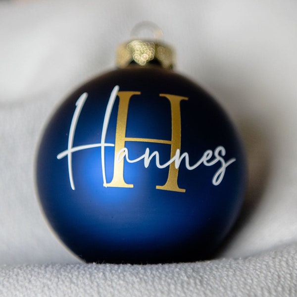 Stilvoll personalisierte Weihnachtskugel in Echtglas, blau matt/glänzend