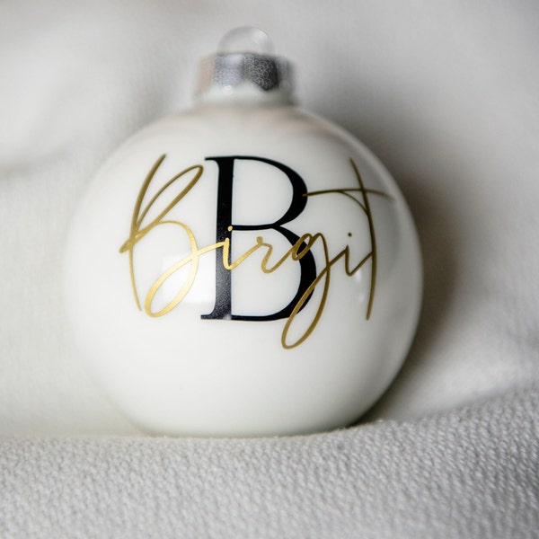 Stilvoll personalisierte Weihnachtskugel in Echtglas, weiß matt / glänzend / silber