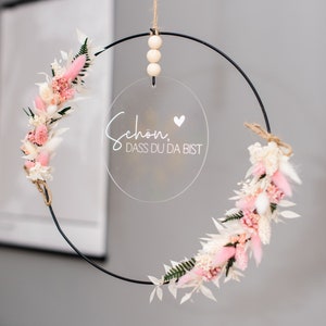 Unique door wreath metal-acrylic with dried flowers natural-white-pink | personalized gifts | Wedding, birthday, home decor |