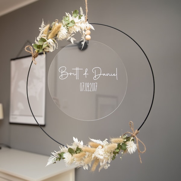 Unique metal-acrylic door wreath with dried flowers in natural-white-green | personalized gifts | Wedding, birthday, home decor |