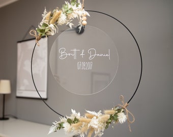Corona de puerta única de metal y acrílico con flores secas en blanco-verde natural | regalos personalizados | Boda, cumpleaños, decoración del hogar |
