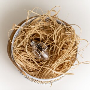 May include: A clear glass ornament with black and white speckled paint and the name "Jamie" written in white calligraphy is nestled in a white wire basket filled with shredded tan paper.