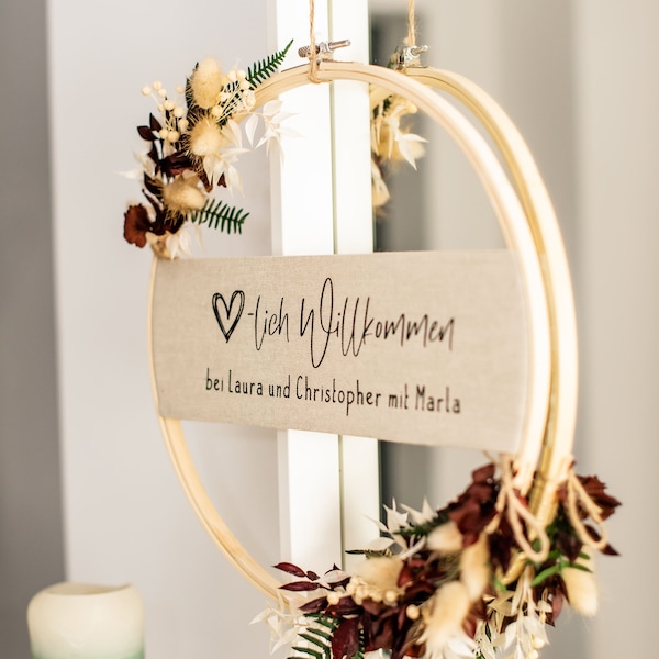 Couronne de porte unique avec fleurs séchées naturel-blanc-rouge | cadeaux personnalisés | Mariage, anniversaire, décoration intérieure |