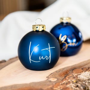 Stylish personalized Christmas ball in real glass, blue glossy/matt