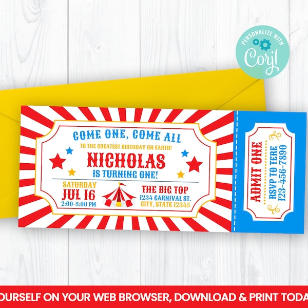 Editable Carnival Ticket Invitation, Boy Self Editing Invite, INSTANT ACCESS