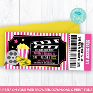 Editable Movie Night Ticket Invitation, Cinema Girl Self Editing Invite, INSTANT ACCESS