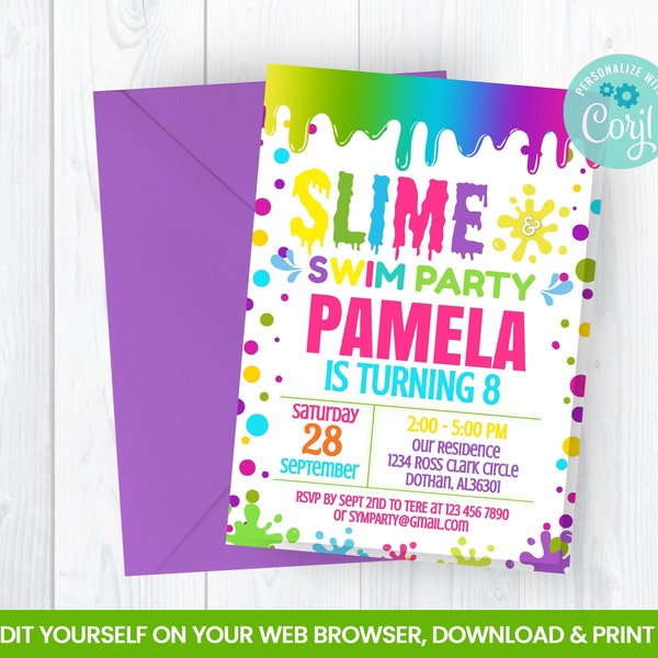 Editable Slime Swim Party Party Invitation, Girl Self Editing Invite, INSTANT ACCESS