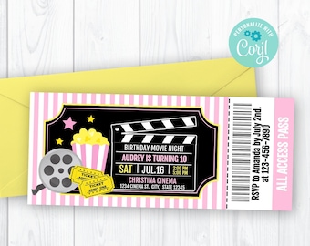 Editable Soft Pink Movie Night Ticket Invitation, Cinema Girl Self Editing Invite, INSTANT ACCESS