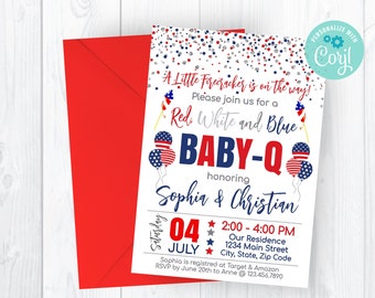 Our Little Firecracker Baby-Q Editable Invitation, 4th of July, Self Editing Invite, INSTANT ACCESS