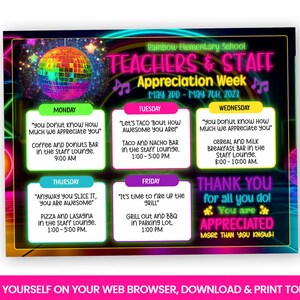 EDITABLE 70s/80s/Retro theme Teacher & Staff Appreciation Flyer, Glow Neon, Disco Ball Itinerary Week, Self Editing Invitation, Dance Party