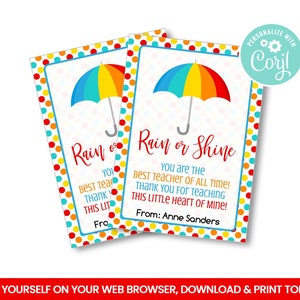 EDITABLE Teacher Appreciation Gift Tag,  Boss Worker Staff Corporate, Umbrella, Rain or Shine Self Editing treat tags, INSTANT ACCESS