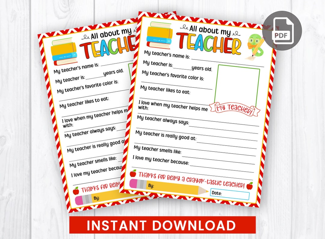 All About My Teacher Appreciation Week Questionnaire, Kids Survey