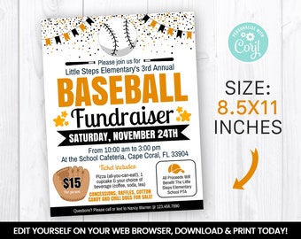 EDITABLE BaseBall Fundraiser Flyer Template, Charity Non Profit Event Poster, Sports Self Editing 8.5x11 In INSTANT ACCESS