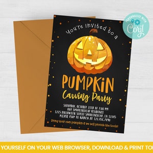 Editable Pumpkin Carving Invitation, Thanksgiving Self Editing Invite, Chalkboard Faux, INSTANT ACCESS image 1