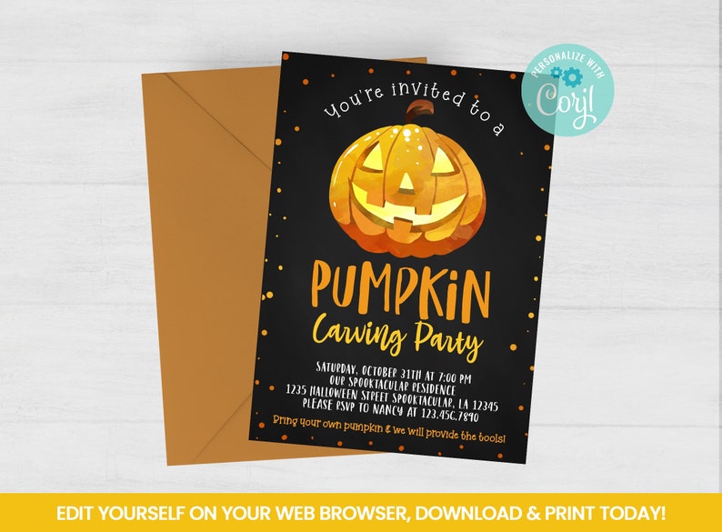 Editable Pumpkin Carving Invitation, Thanksgiving Self Editing Invite, Chalkboard Faux, INSTANT ACCESS image 1