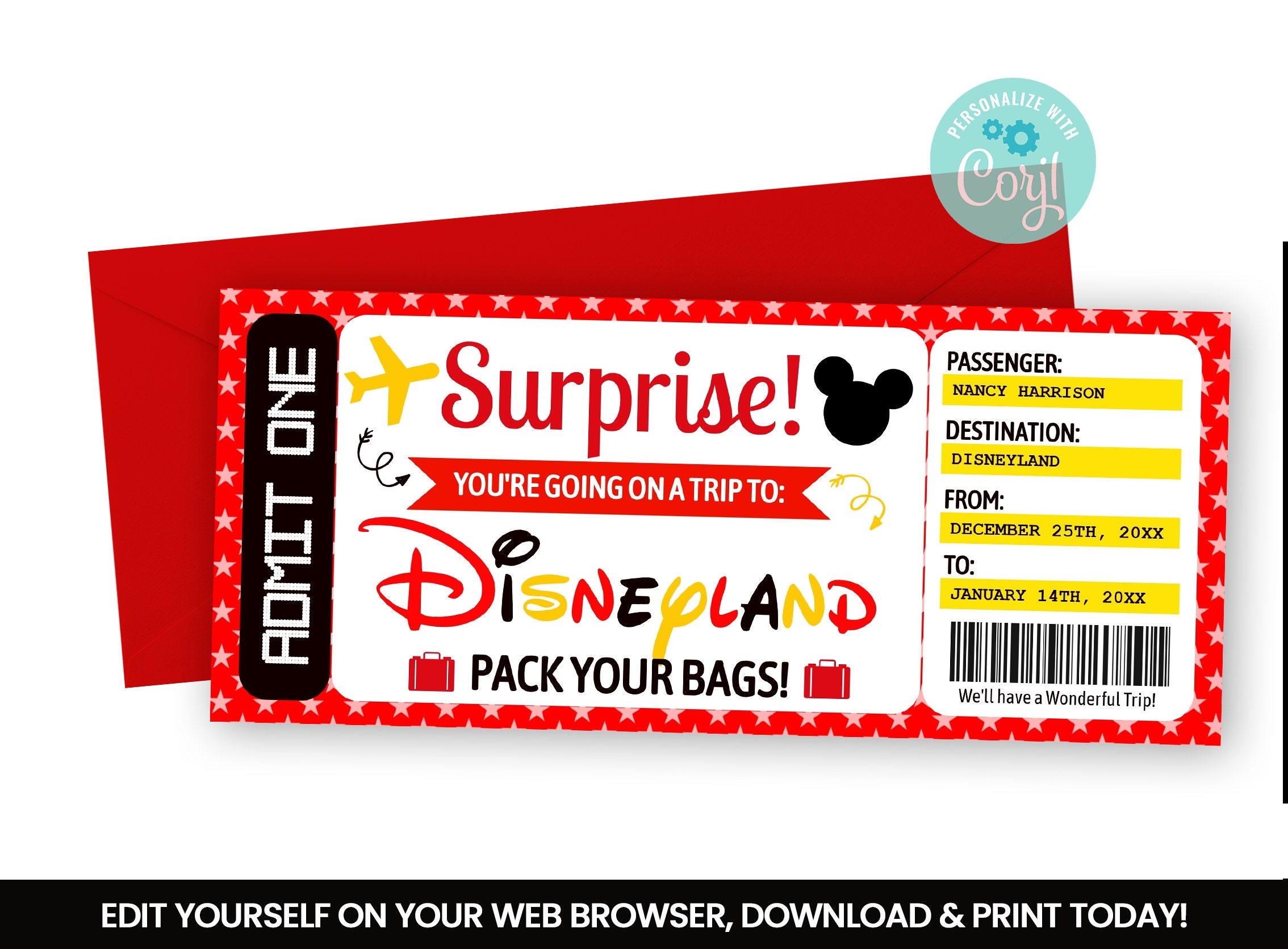 editable disneyland airplane ticket boarding pass flight etsy