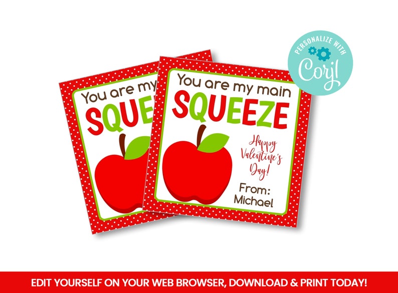 EDITABLE Fruit Squeeze Pouch Square Tags, Apple Sauce Treat Tags Ideas, Valentine Self Editing Favors, Happy Valentine's Day INSTANT ACCESS image 1