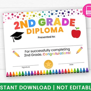 Afdrukbaar 2e leerjaar afstudeerdiploma, einde van schoolcertificaat, Crayon Line Design, PDF Instant Download