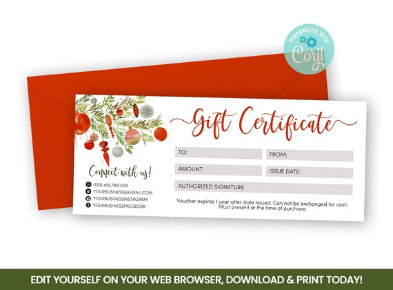 Editable Holiday Gift Certificate Template Merry Christmas Shop Gift Voucher Ornaments Self Editing Business Card Design Instant Access By Sym Party Printables Catch My Party
