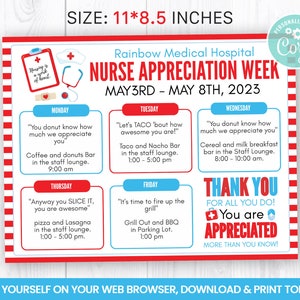 EDITABLE Nurse Appreciation Flyer, Healthcare Workers Itinerary Week, Medical Self Editing Invitation, Hospital Staff Weekly Planner