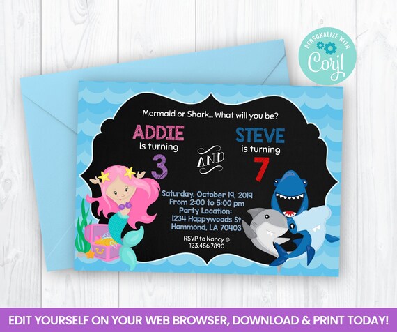 Editable Mermaid and Shark Invitation, Boy and Girl Self Editing Invite, INSTANT ACCESS Il_570xn