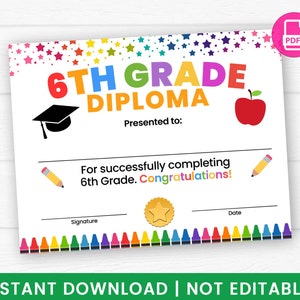 Diploma de graduación de sexto grado imprimible, certificado de fin de estudios, descarga instantánea en PDF