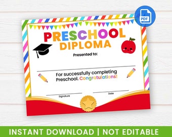 Printable Preschool Graduation Diploma, End of School Certificate, PDF Instant Download