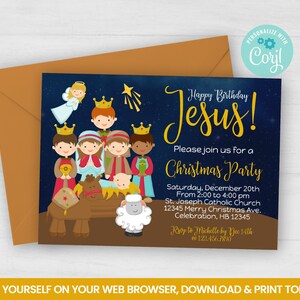 Convite editável de feliz aniversário de Jesus, convite de autoedição de Natal para crianças da natividade, acesso instantâneo aos três reis