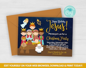 Editable Happy Birthday Jesus Invitation, Nativity Kids Christmas Self Editing Invite, The Three Kings  INSTANT ACCESS