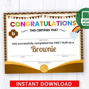First Year of BROWNIES Completion Certificate, Brownie Investiture Certificate, Girl Scouts PDF Instant Download