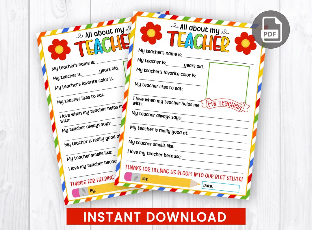 All About My Teacher Appreciation Week Questionnaire, Kids Survey