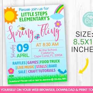 EDITABLE Spring Festival Fundraiser Event Flyer, Sun, flowers, Rainbow, Butterfly, Spring Break Self Editing 8.5x11 Inches INSTANT ACCESS image 1