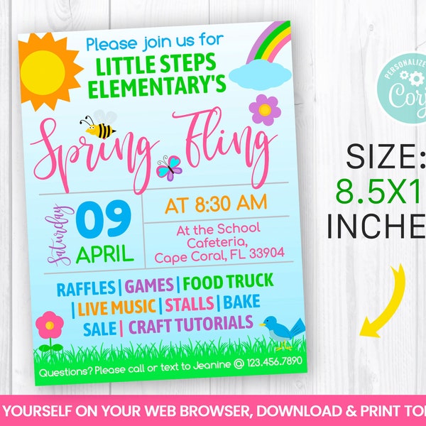 EDITABLE Spring Festival Fundraiser Event Flyer, Sun, flowers, Rainbow, Butterfly, Spring Break Self Editing 8.5x11 Inches INSTANT ACCESS