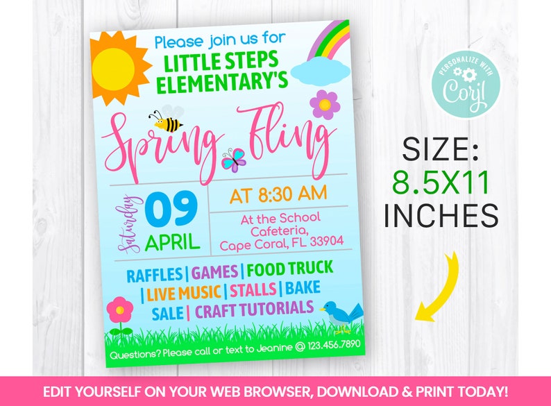 EDITABLE Spring Festival Fundraiser Event Flyer, Sun, flowers, Rainbow, Butterfly, Spring Break Self Editing 8.5x11 Inches INSTANT ACCESS image 1