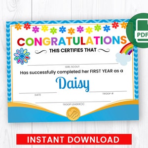 First Year of DAISIES Completion Certificate, Daisy Investiture Certificate, Girl Scouts PDF Instant Download