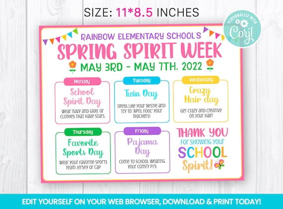 EDITABLE Spring Spirit Week Flyer, Itinerary Week Self Editing Invite ...
