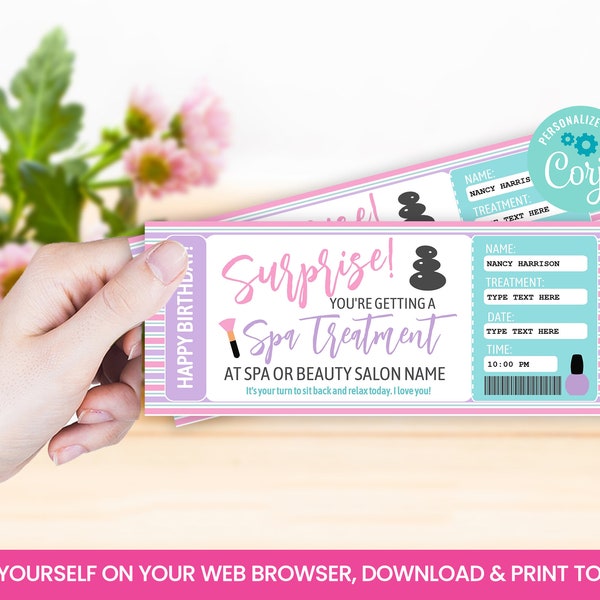 EDITABLE Spa Day Surprise Ticket, Happy Birthday Self Editing Voucher, Salon, Spa Treatment, Mani, Pedi Digital File INSTANT ACCESS