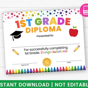 Afdrukbaar 1e leerjaar afstudeerdiploma, einde van schoolcertificaat, Crayon Line Design, PDF Instant Download