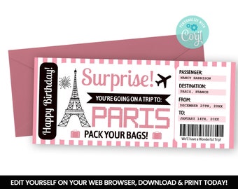 EDITABLE Airplane Ticket, Boarding Pass, Flight, Plane Holidays Self Editing Airline Ticket, Eifeel Tower Digital File INSTANT ACCESS