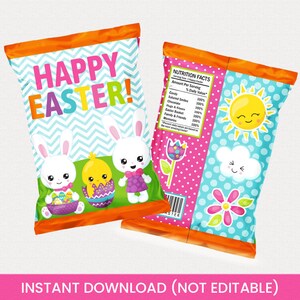 Bolsa de chips de búsqueda de huevos de Pascua imprimible, conejito, pollito, suministros para fiestas de primavera, bolsas de dulces para fiestas, bolsas de regalos, descarga instantánea